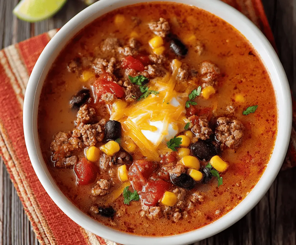 Delicious high-protein taco soup served in a bowl with fresh toppings and tortilla chips, perfect for a nutritious and flavorful meal