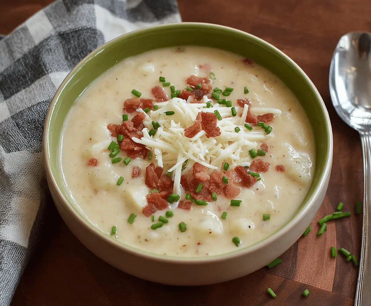 Creamy Irish Potato Soup garnished with chopped herbs and served in a rustic bowl, perfect for a cozy meal.