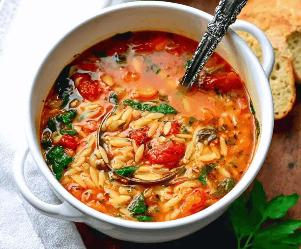 A steaming bowl of Italian Orzo Soup with colorful vegetables, herbs, and grated cheese, served in a white ceramic bowl.