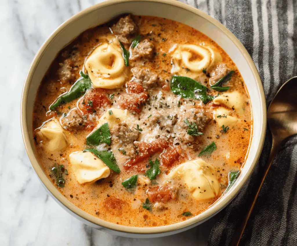 Creamy Italian Sausage Tortellini Soup with fresh herbs and vegetables in a bowl, perfect for a hearty meal.