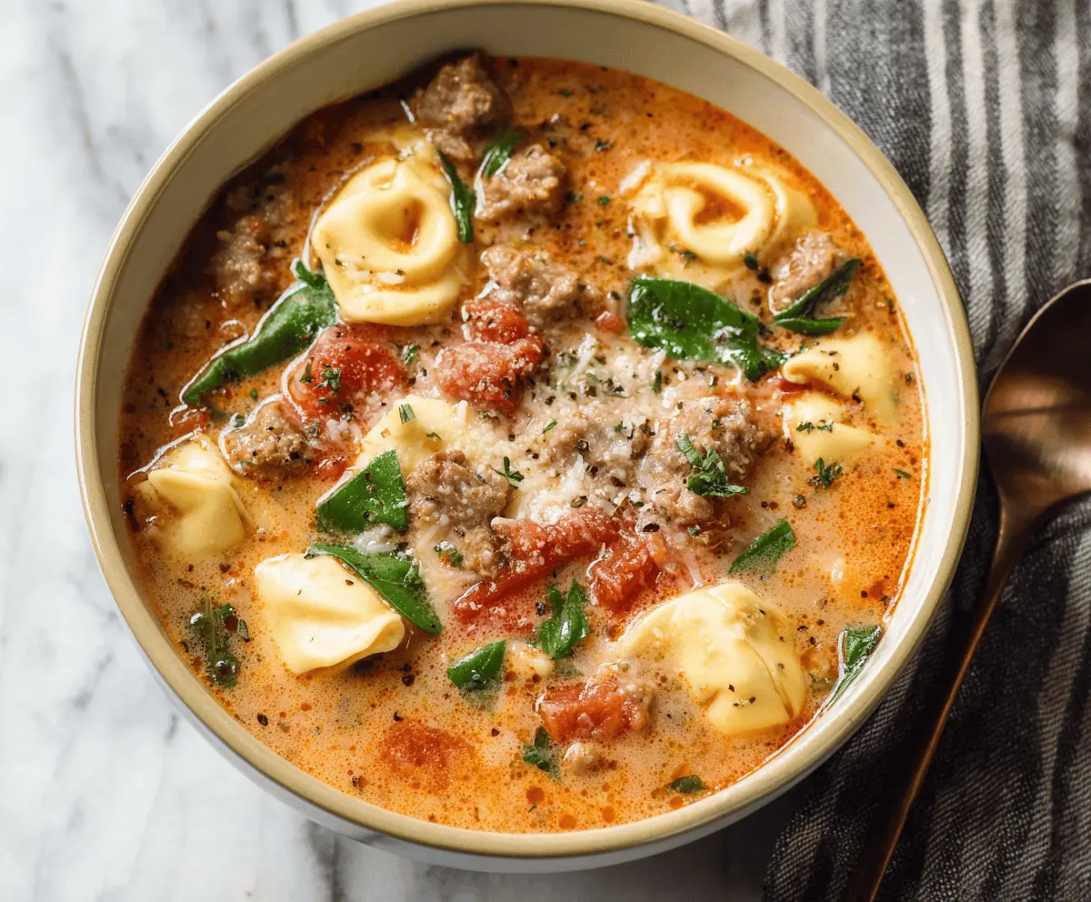 Creamy Italian Sausage Tortellini Soup with fresh herbs and vegetables in a bowl, perfect for a hearty meal.