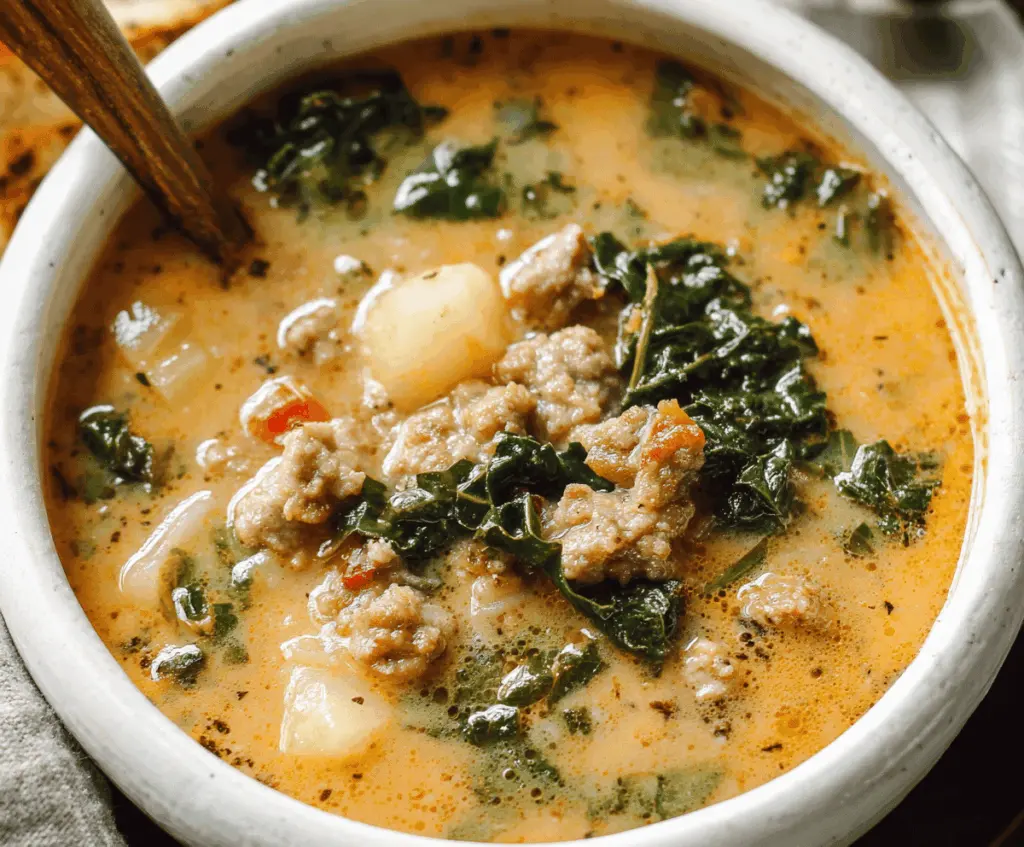 Hearty kale and sausage soup in a bowl with fresh herbs, perfect for a warm and nutritious meal.