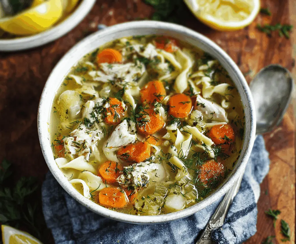 Creamy Lemon Dill Chicken Noodle Soup with fresh herbs and tender chicken in a comforting broth