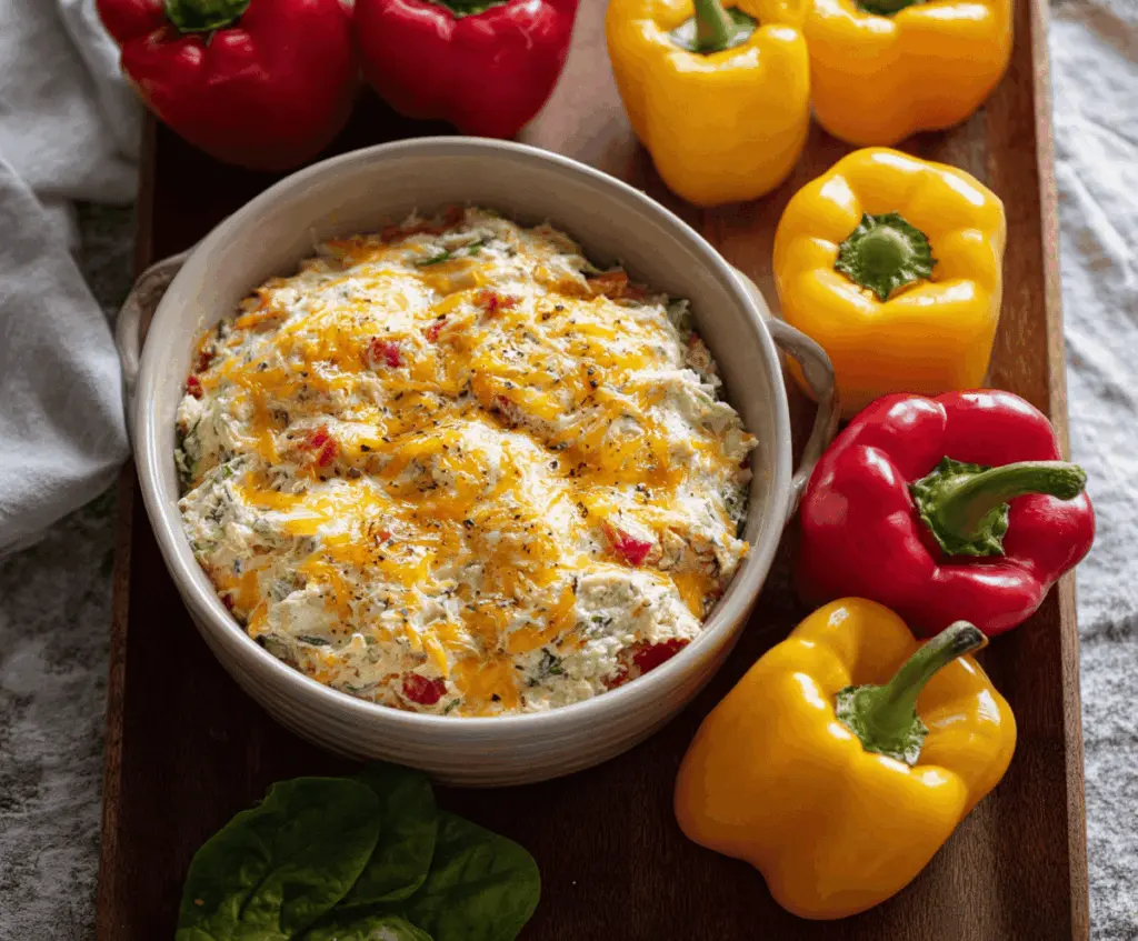 Creamy Loaded Bell Pepper Dip topped with shredded cheese, chopped herbs, and sliced peppers, served in a bowl with fresh vegetables for dipping.
