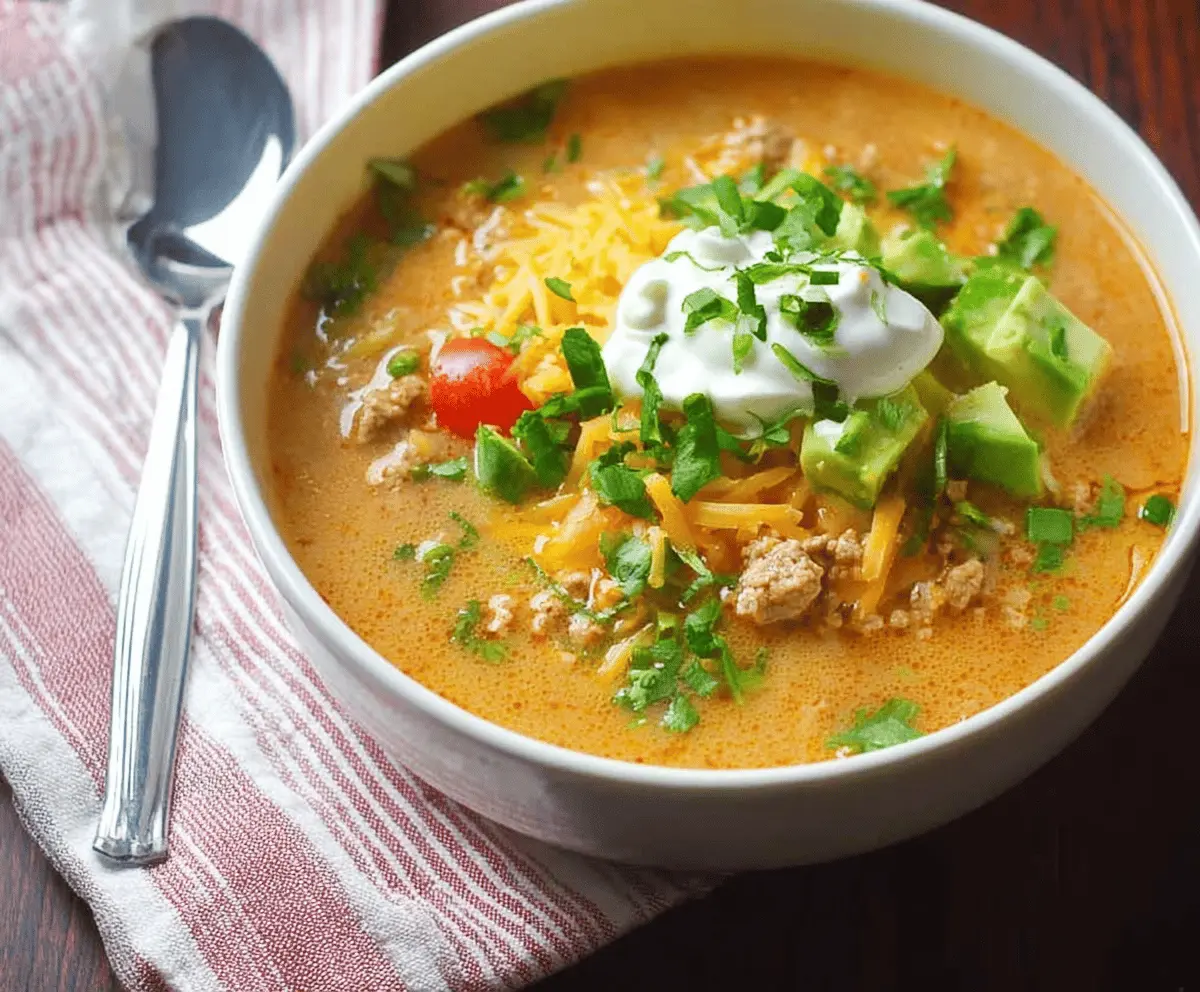 Delicious low-carb taco soup served in a bowl with fresh toppings, perfect for a healthy, savory meal.