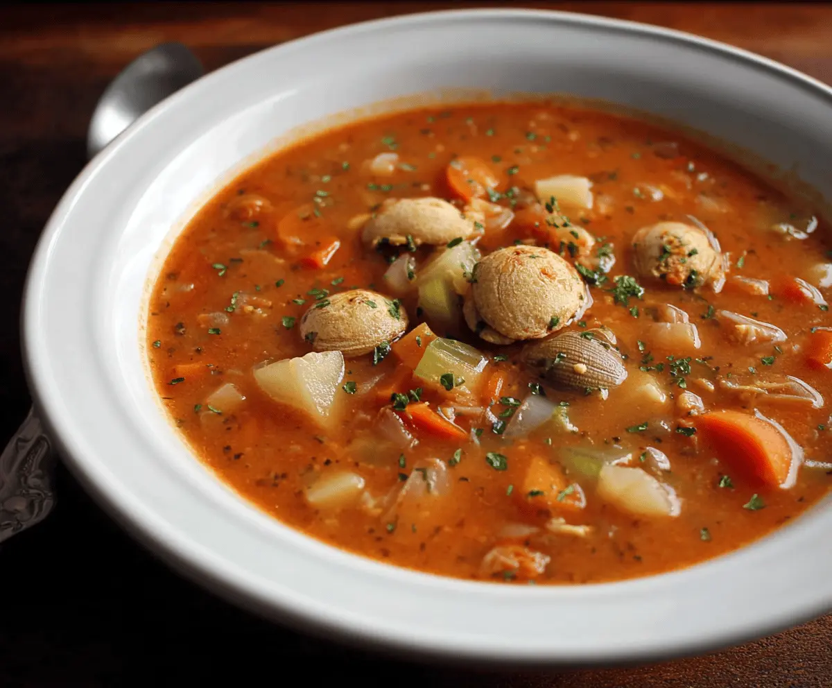 A steaming bowl of Manhattan Clam Chowder garnished with fresh herbs, featuring a rich tomato-based broth filled with tender clams, potatoes, and vegetables.