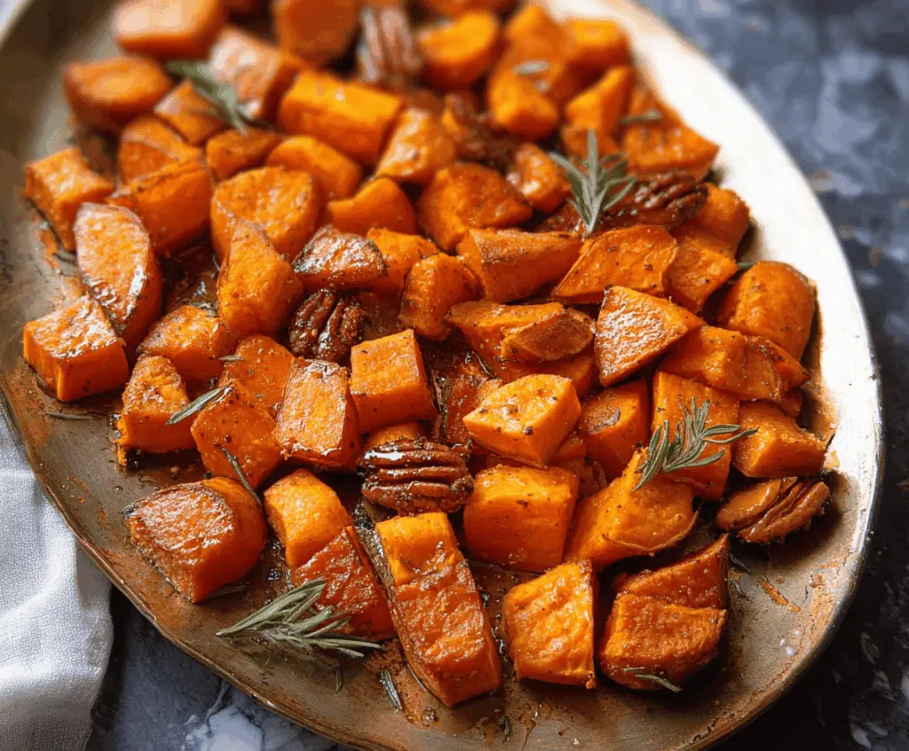 Sweet roasted sweet potatoes drizzled with maple syrup, garnished with fresh herbs for a flavorful side dish