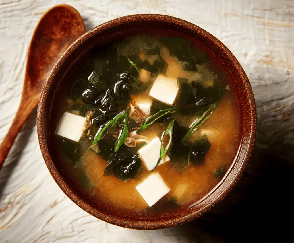 A steaming bowl of traditional miso soup garnished with sliced green onions and tofu cubes, served in a ceramic bowl with a spoon on a wooden table.
