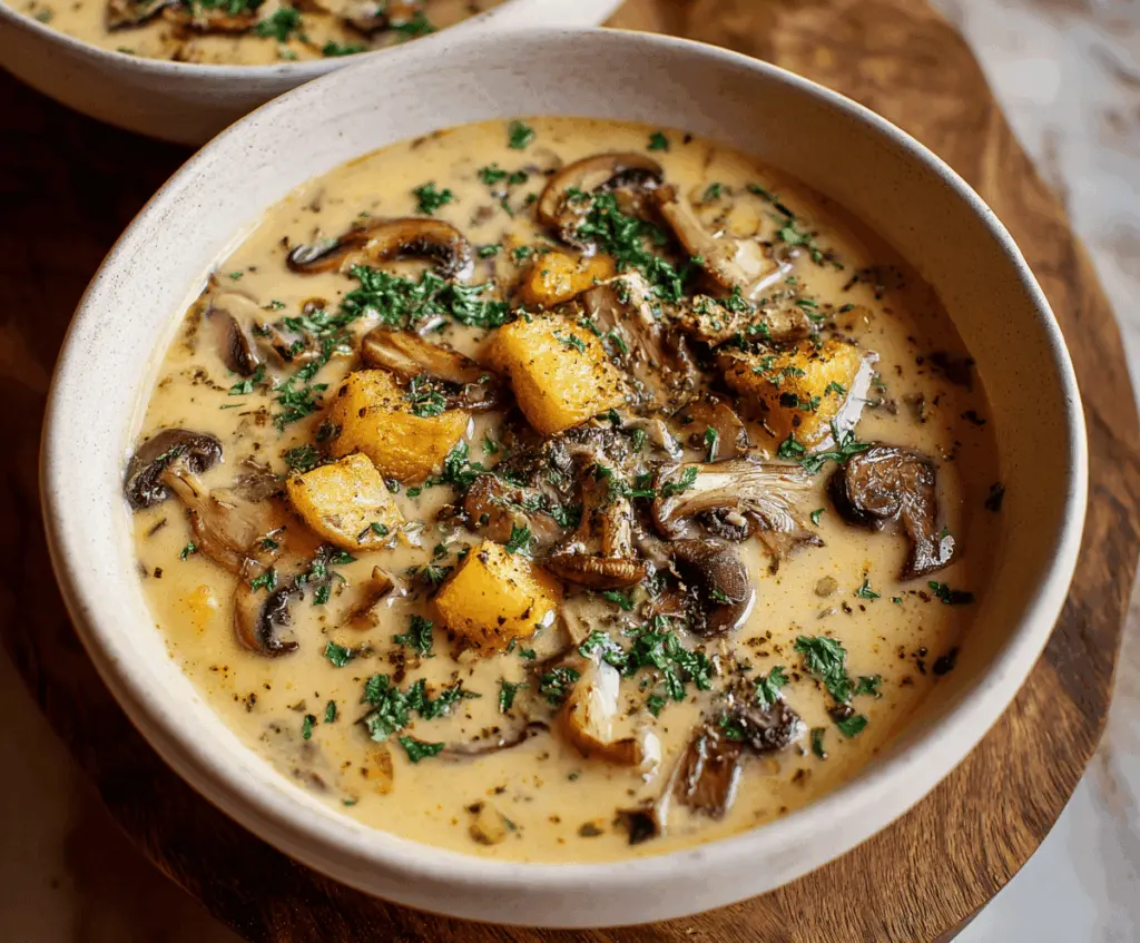 Creamy mushroom and potato soup served in a bowl, garnished with fresh herbs, perfect for a comforting and hearty meal.