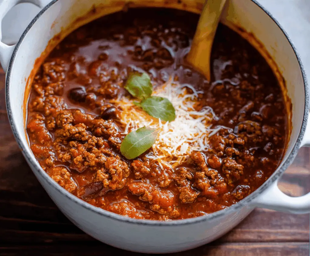 Hearty no-bean chili served in a bowl with toppings and fresh herbs, perfect for a flavorful and bean-free comfort meal.