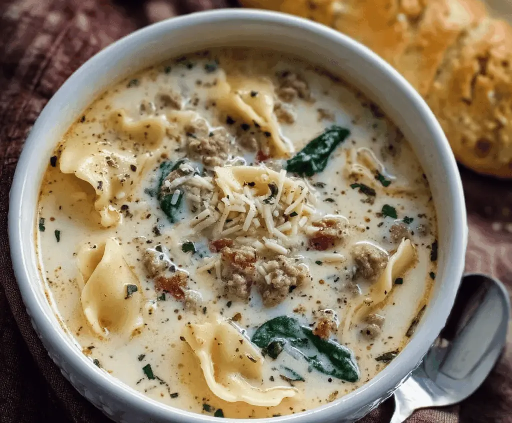 Creamy Alfredo Lasagna Soup served in a bowl with melted cheese and fresh herbs, featuring layers of pasta, ground meat, and creamy sauce in a one-pot dish