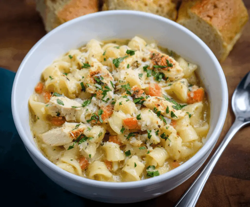 A steaming bowl of Parmesan Chicken Noodle Soup topped with fresh herbs and grated cheese, served with a spoon on a rustic wooden table.