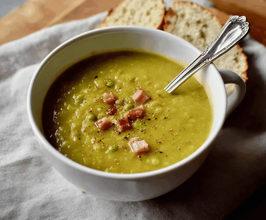 Creamy pea and ham soup served in a bowl with fresh herbs, perfect for a comforting meal
