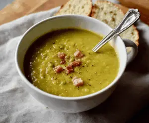 Creamy pea and ham soup served in a bowl with fresh herbs, perfect for a comforting meal