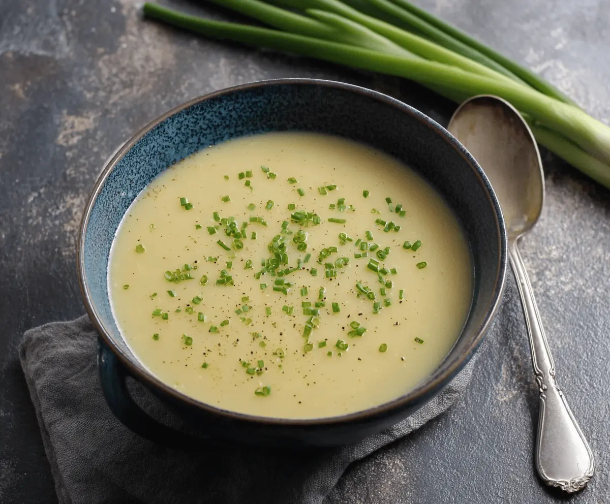 Creamy potato leek soup served in a bowl, garnished with fresh herbs, ready to enjoy as a comforting and hearty appetizer or main course.