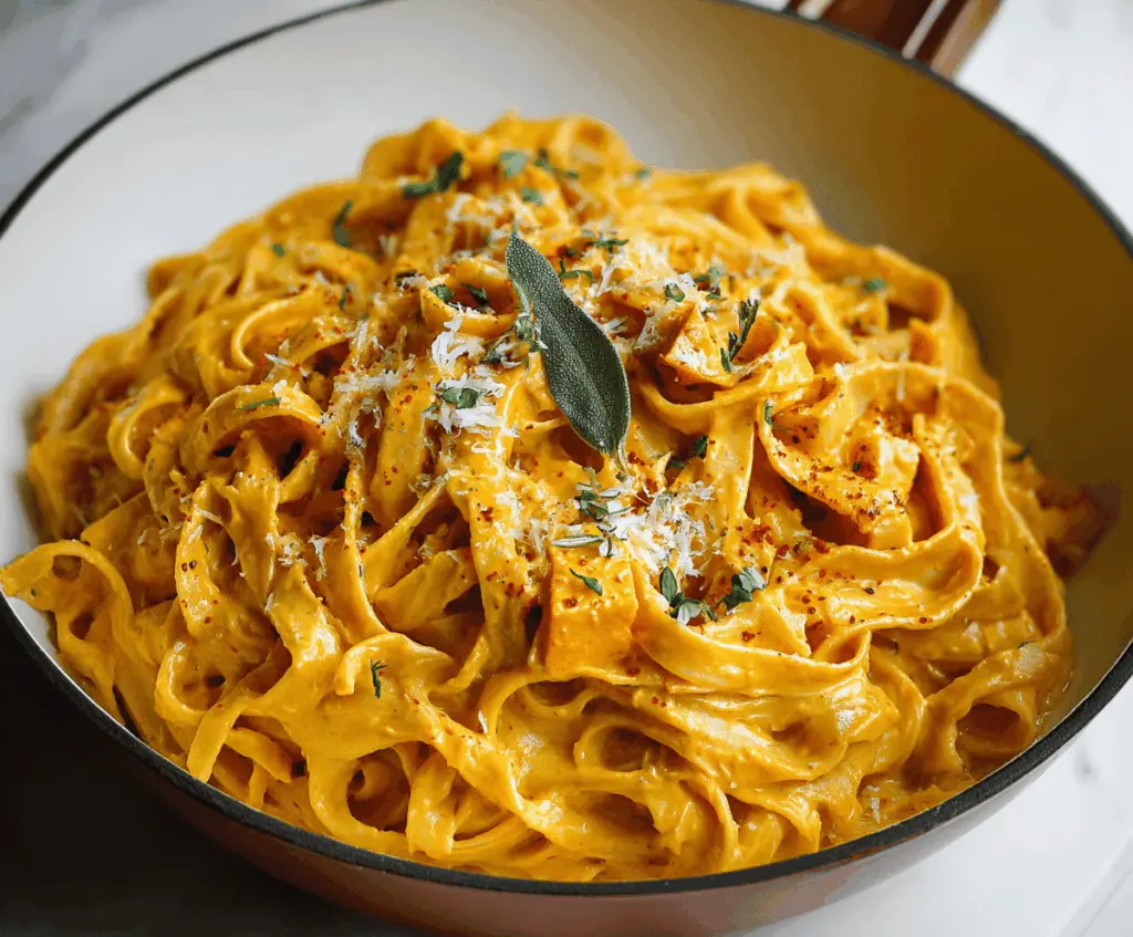 Creamy pumpkin Alfredo pasta topped with fresh herbs and grated cheese on a white plate, perfect for a comforting fall dinner.