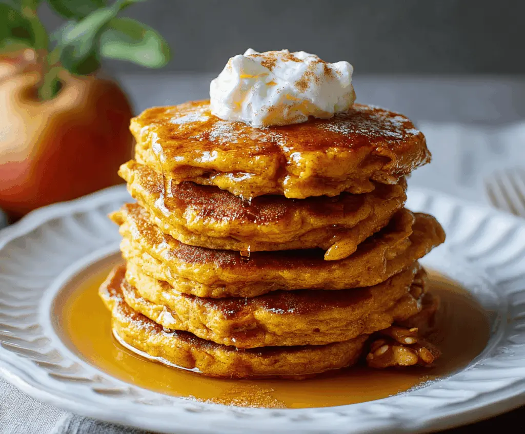 Delicious pumpkin and apple pancakes topped with whipped cream and cinnamon for a cozy fall breakfast.