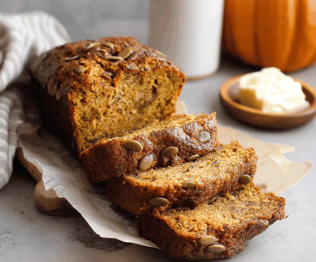 Homemade pumpkin banana bread sliced and ready to serve, featuring a moist, flavorful texture with hints of pumpkin and ripe bananas.