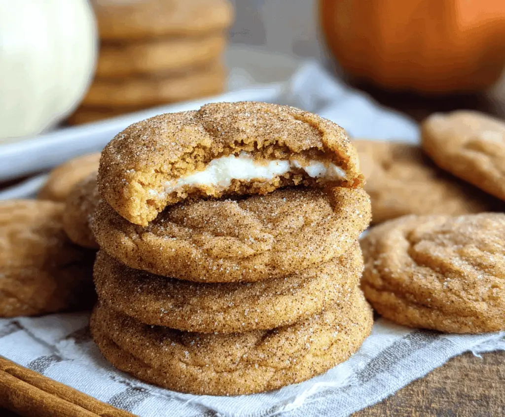 Delicious Pumpkin Cheesecake Snickerdoodle Cookies with a swirl of cream cheese filling and cinnamon sugar coating, perfect for fall desserts