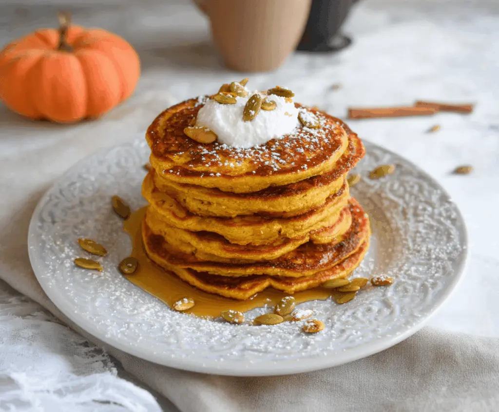 Delicious Pumpkin Cottage Cheese Pancakes topped with fresh fruit and syrup on a white plate, perfect for a healthy breakfast.