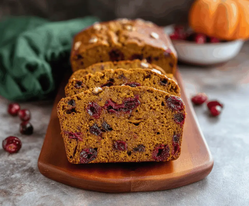 Homemade Pumpkin Cranberry Bread with a golden crust, topped with fresh cranberries and a sprinkle of powdered sugar, ready to serve