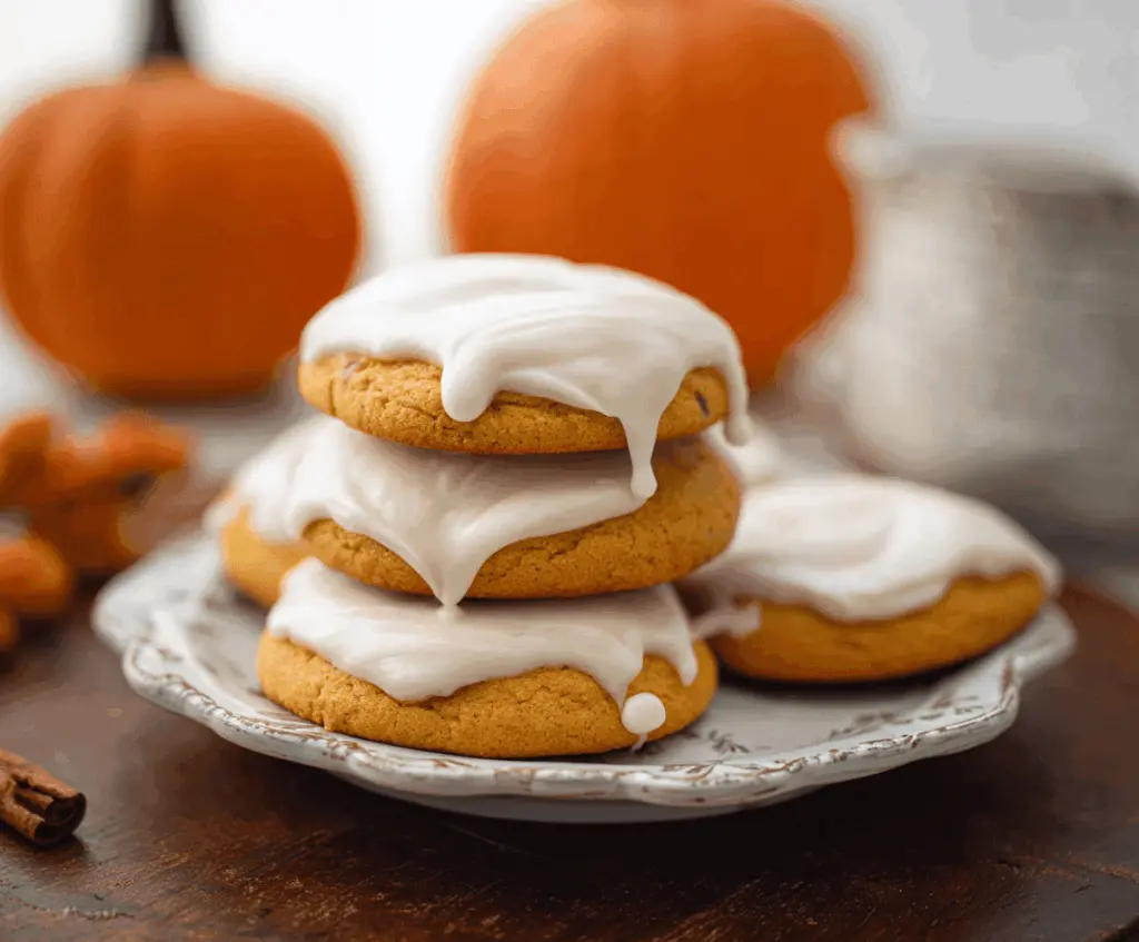 Decorative pumpkin-shaped cookies topped with orange frosting and sprinkles, perfect for fall and Halloween treats.