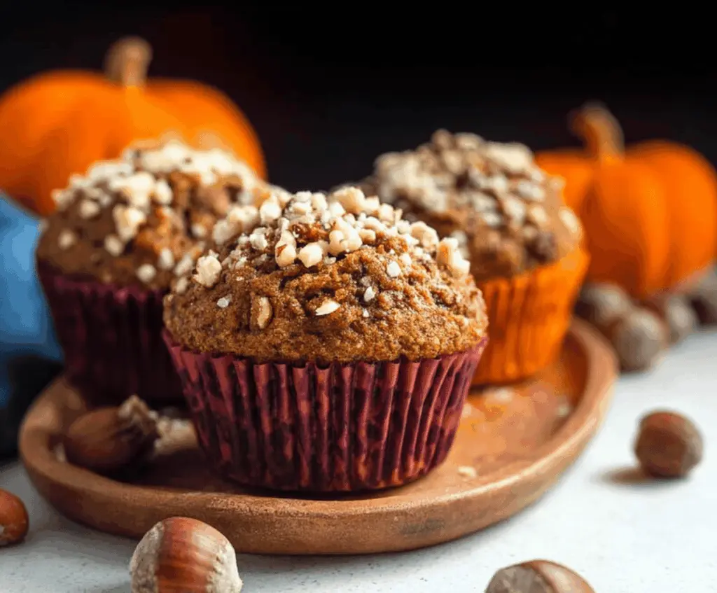 Delicious pumpkin hazelnut muffins with a golden-brown crust and crunchy hazelnut topping on a white plate