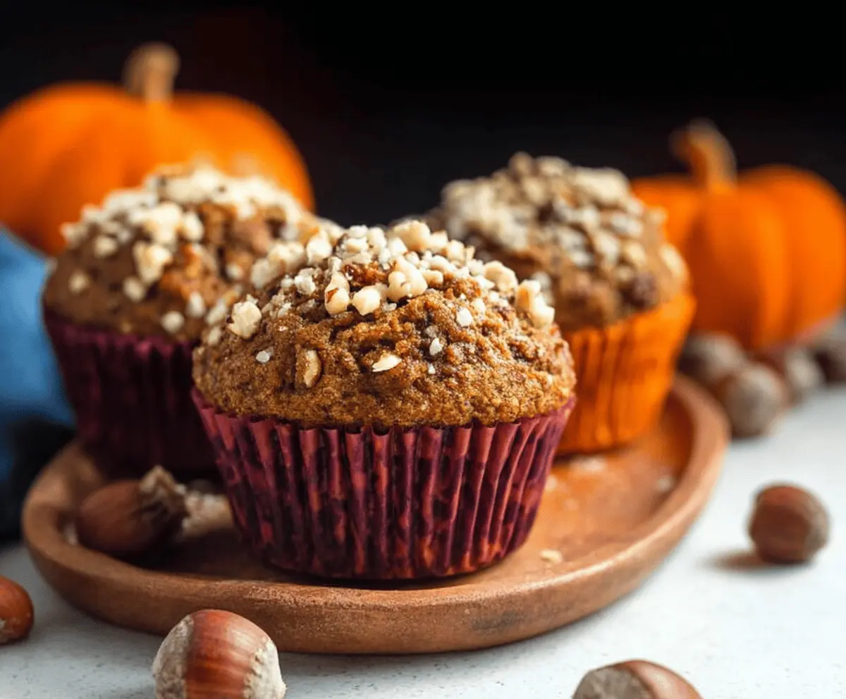 Delicious pumpkin hazelnut muffins with a golden-brown crust and crunchy hazelnut topping on a white plate