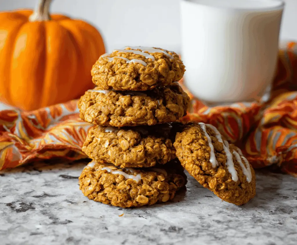 Delicious homemade pumpkin oatmeal cookies with raisins and cinnamon on a rustic plate, perfect for fall desserts.