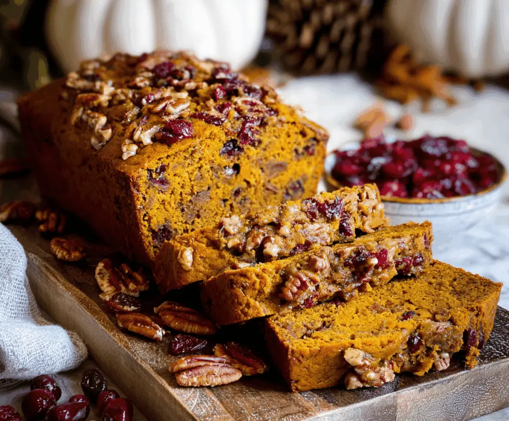 Homemade Pumpkin Pecan Cranberry Bread sliced with visible pumpkin seeds, pecans, and cranberries, perfect for fall baking
