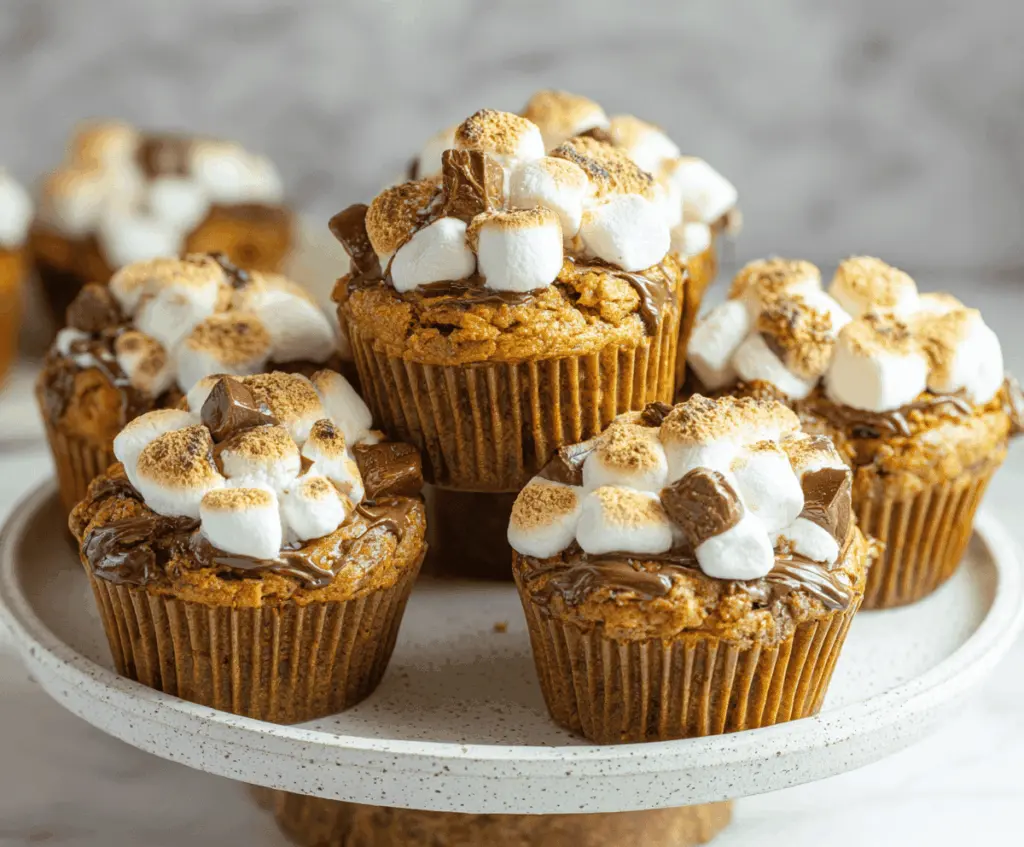 Delicious Pumpkin S'mores Muffins topped with marshmallows and chocolate chips, perfect for fall treats