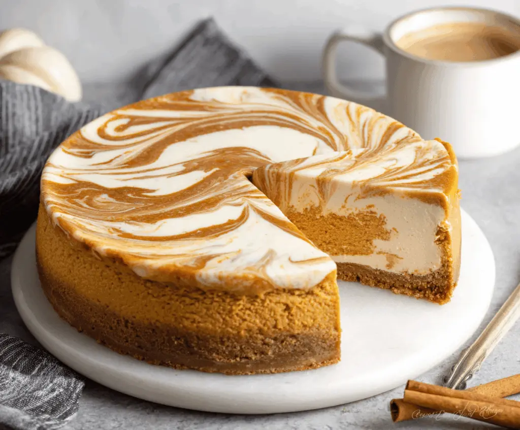 Creamy pumpkin swirl cheesecake topped with whipped cream and cinnamon, perfect for fall desserts.