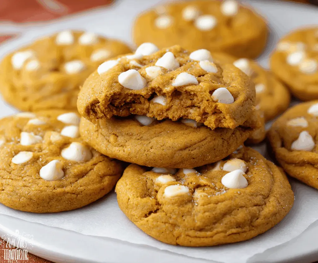 Delicious homemade pumpkin white chocolate chip cookies on a cooling rack with autumn leaves in the background