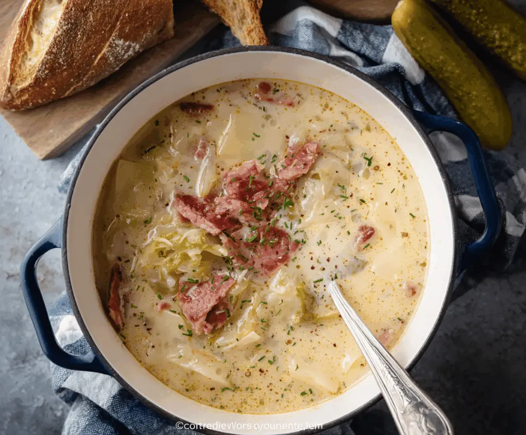 Creamy Reuben Soup with corned beef, sauerkraut, Swiss cheese, and rye croutons in a bowl on a rustic wooden table.