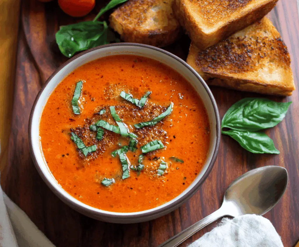 Creamy roasted tomato basil soup served in a bowl with fresh basil leaves and crusty bread on the side.