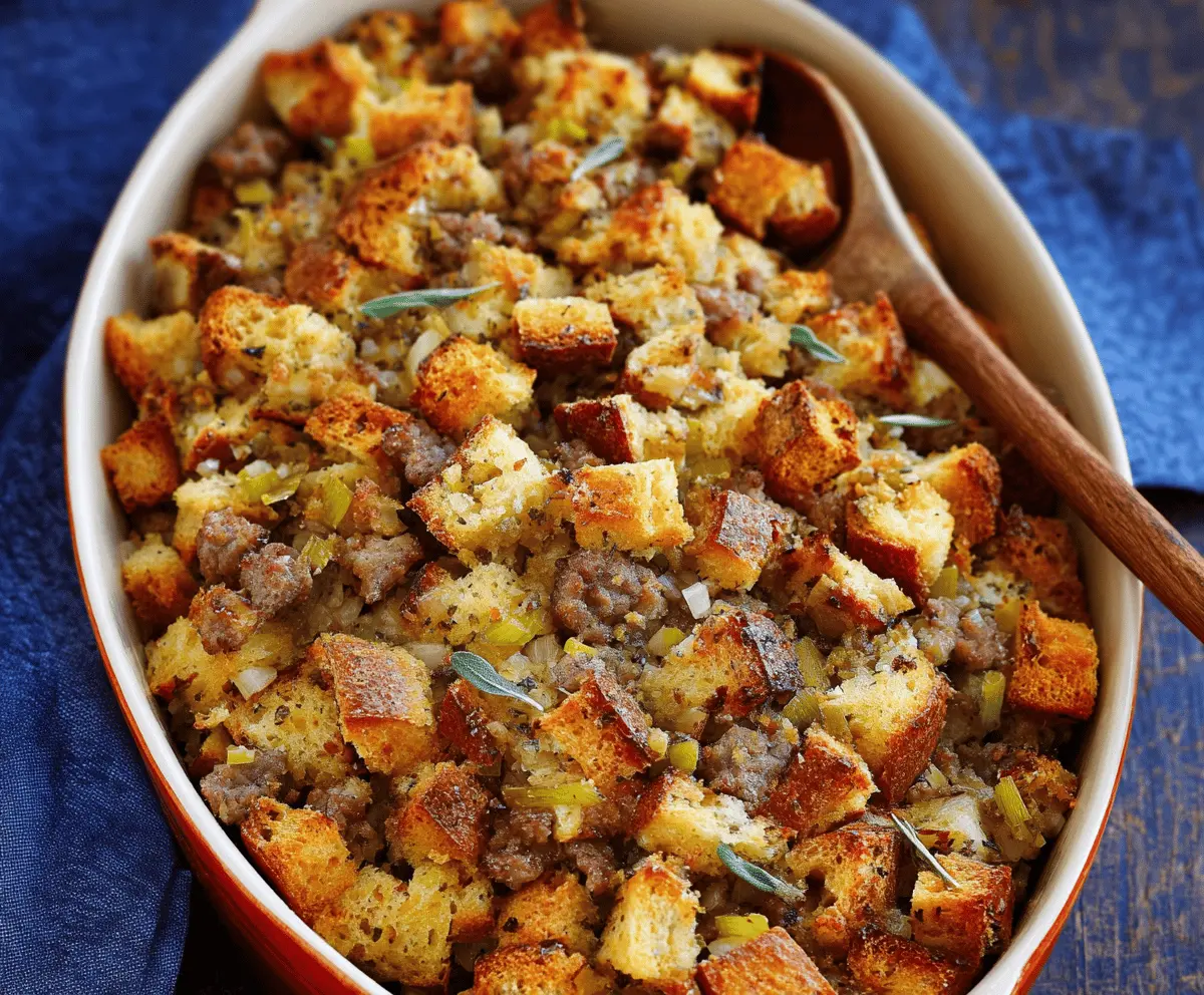 Delicious sausage, apple, and sage stuffing served in a baking dish, perfect for holiday meals