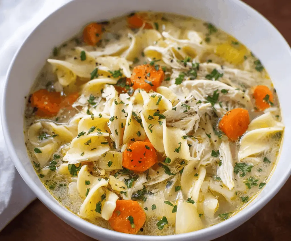 Hearty slow cooker chicken noodle soup with tender chicken, vegetables, and noodles in a flavorful broth, perfect for comfort meals.
