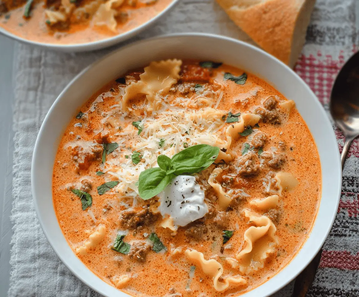 Creamy lasagna soup in a slow cooker topped with cheese and fresh basil, ready to serve