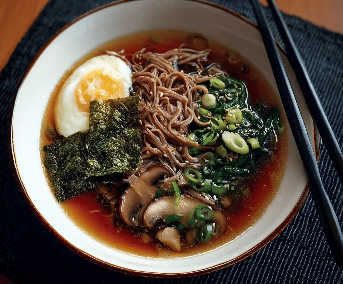 A steaming bowl of savory soba noodle soup garnished with fresh green herbs, sliced scallions, and a soft-boiled egg, served in a white ceramic bowl on a wooden table.