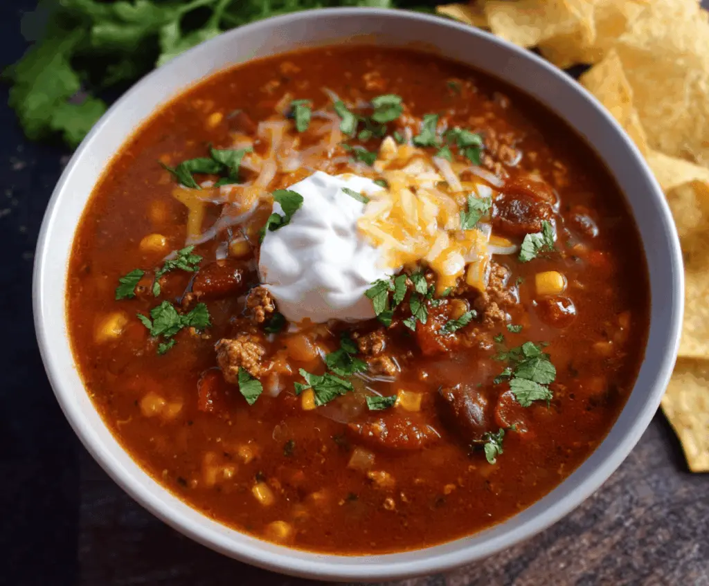 Delicious spicy taco soup with seasoned ground beef, black beans, corn, and melted cheese garnished with fresh cilantro in a bowl