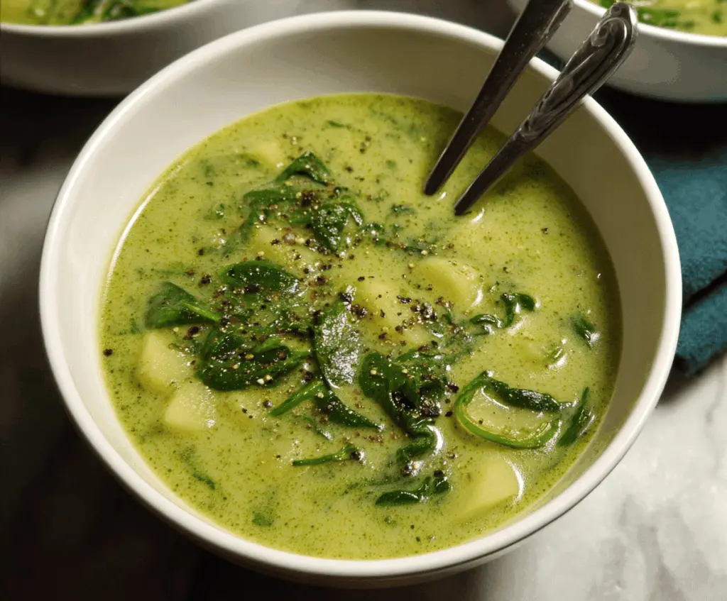Creamy spinach and potato soup served in a bowl, garnished with fresh herbs and a dollop of sour cream, perfect for a warm and hearty meal.