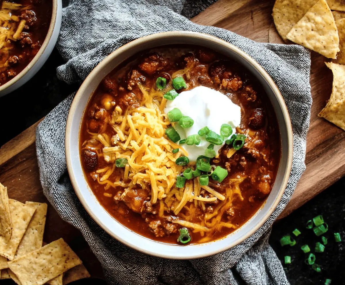 A steaming bowl of homemade stovetop chili topped with shredded cheese and fresh herbs, served in a rustic bowl on a wooden table.