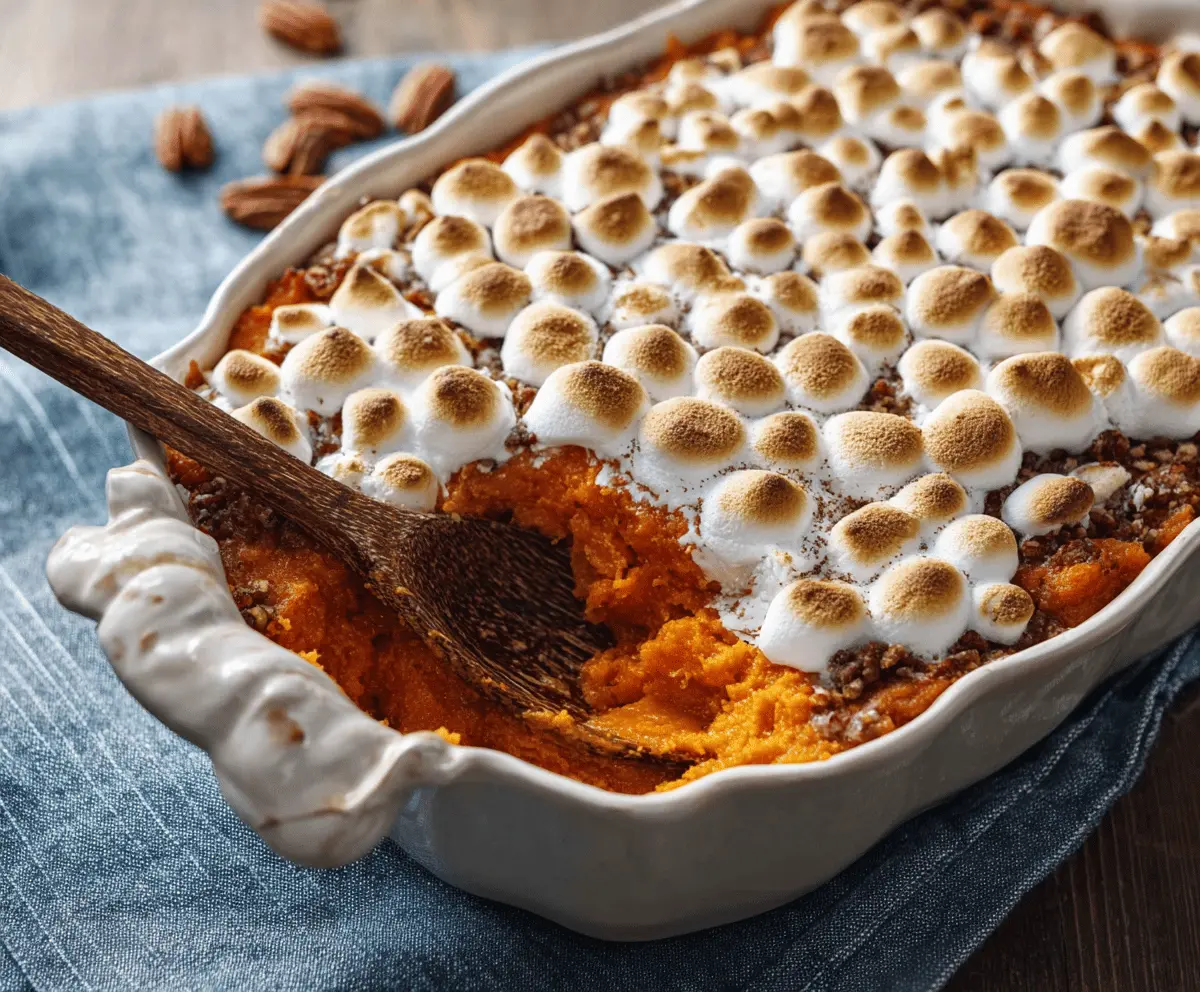 Creamy sweet potato casserole topped with marshmallows and pecans, served in a baking dish, perfect for holiday dinners.