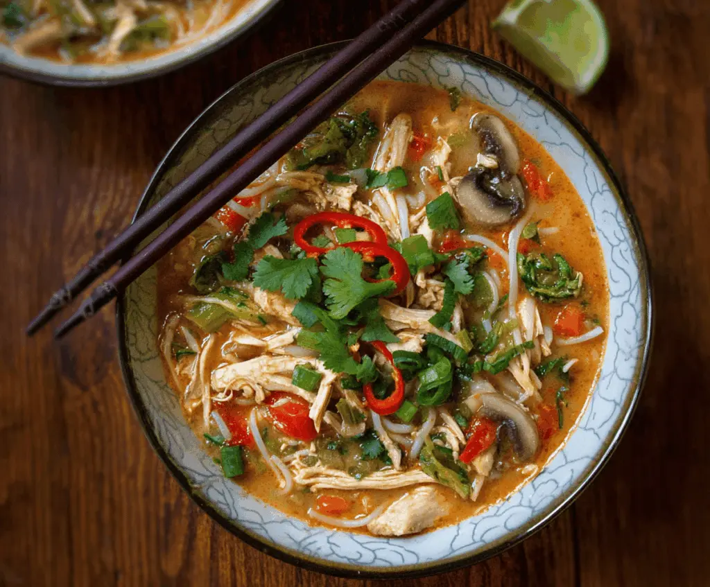 Hearty Thai Chicken Noodle Soup with fresh herbs, vegetables, and tender chicken in a flavorful broth