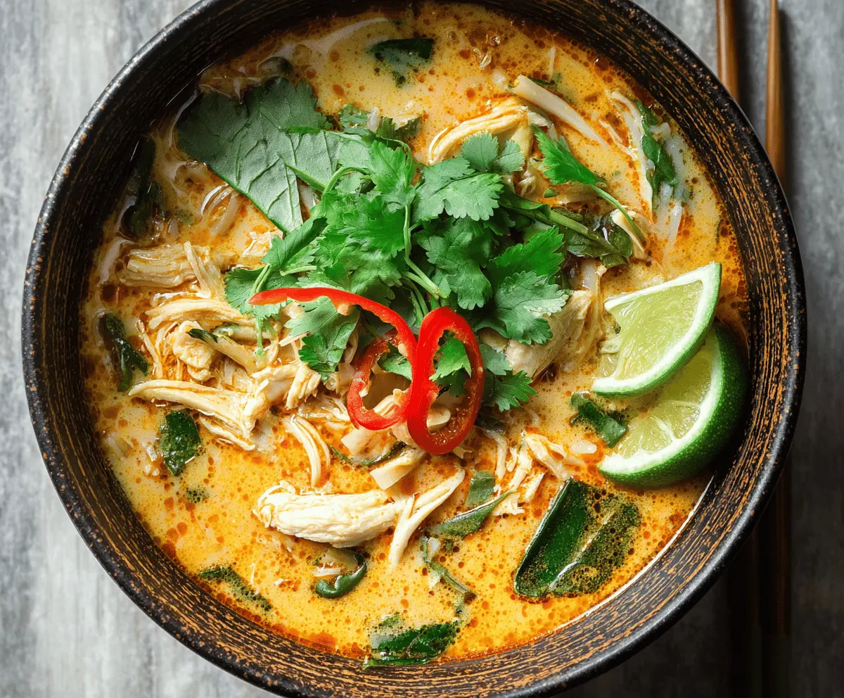 A bowl of flavorful Thai Curry Chicken Soup featuring tender chicken, vibrant vegetables, aromatic Thai spices, and fresh herbs in a rich, spicy broth.