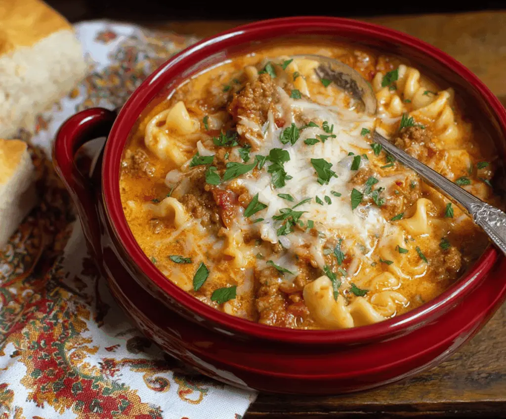 Creamy Three-Cheese Lasagna Soup in a bowl topped with melted cheese, fresh basil, and garlic bread on the side.