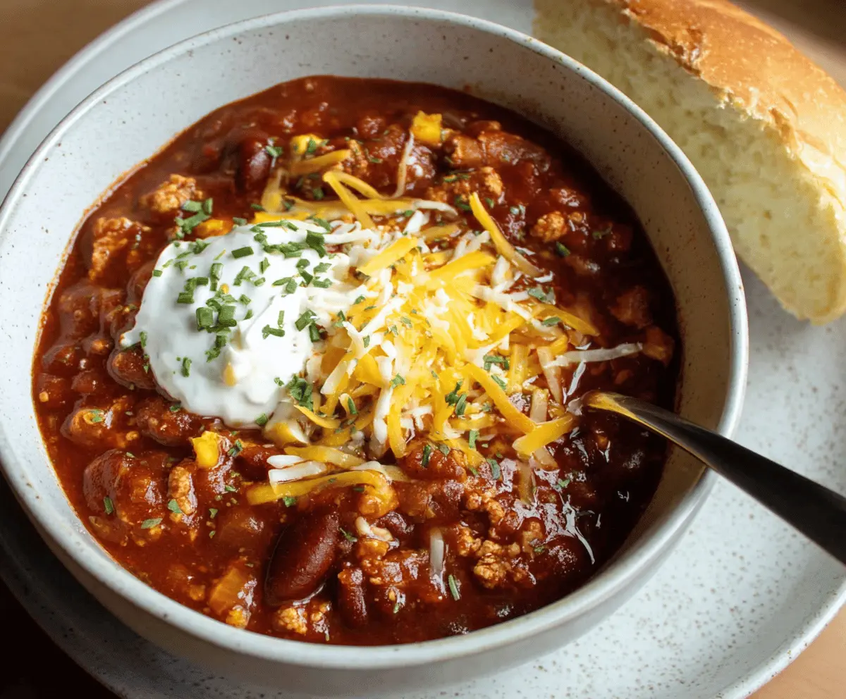 Spicy homemade turkey chili topped with shredded cheese and fresh cilantro in a bowl, served with cornbread on the side