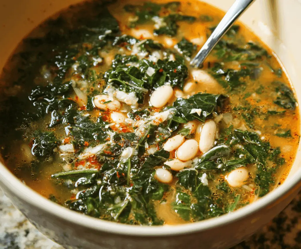 Creamy white bean and fresh kale soup garnished with herbs in a bowl, perfect for a healthy and hearty meal