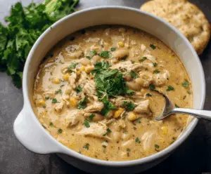 Creamy white chicken chili in a bowl topped with shredded cheese and fresh herbs, served with tortilla chips on the side.
