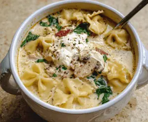 Creamy white lasagna soup in a bowl garnished with fresh basil and melted cheese, served with garlic bread on the side